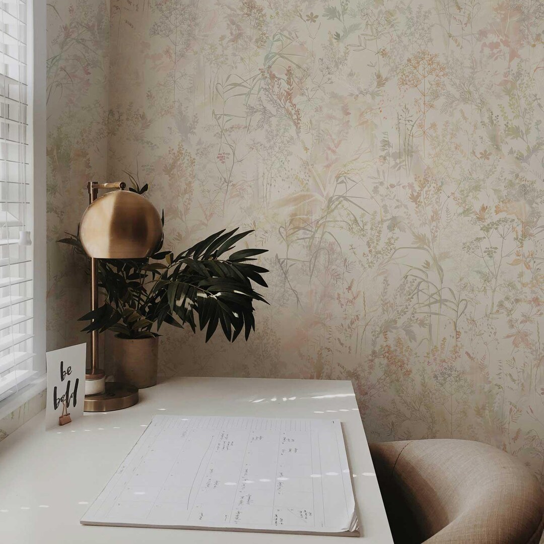 Beige Botanical Wallpaper, Rustic & Nature-inspired Design, Watercolor ...