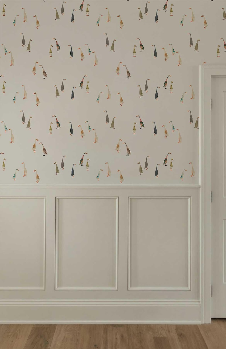 a wall with a repeating pattern of ducks in various colors and sizes, creating a vibrant and lively wallpaper design.