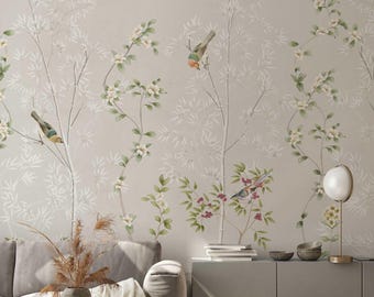 Chinoiserie wall mural, botanical wallpaper with birds and flowers, elegant neutral wall art for living Room & bedroom , 5-141 color 5