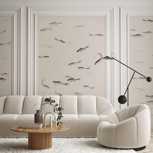 Fisch Tapete - Weißer Hintergrund, minimalistisches Ozeanthema, nautisches Wanddekor