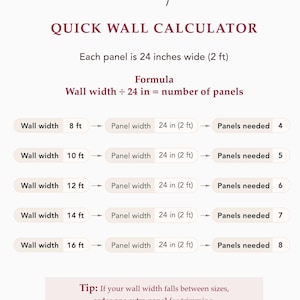 The image is a wall calculator that provides the number of panels needed for different wall widths. It is a simple and straightforward tool for determining the number of panels required for a specific wall width.