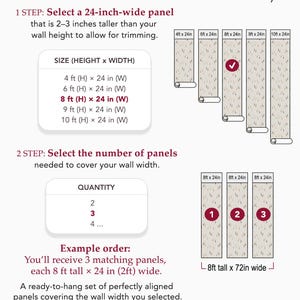 K&ouml;nnte beinhalten: Eine Bestell&uuml;bersicht f&uuml;r Tapetenpaneele. Die &Uuml;bersicht zeigt, wie Sie die Panelgr&ouml;&szlig;e ausw&auml;hlen, mit Optionen von 122 cm bis 305 cm H&ouml;he und 61 cm Breite. Sie zeigt auch, wie Sie die Anzahl der ben&ouml;tigten Paneele ausw&auml;hlen.
