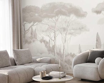Forest Mural Wallpaper – Neutral Toned Tree Landscape Wall Art for Living Room or Bedroom