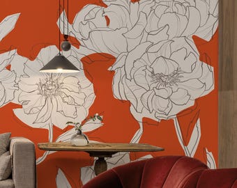 Red Peony Wallpaper, Bold Floral Mural, Vintage Maximalist Decor