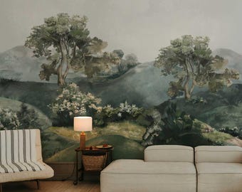 Tree wall mural, Scenic painting, Removable or regular wallpaper, Scene wallpaper, Vintage landscape, Rural Landscape Wallpaper Murals