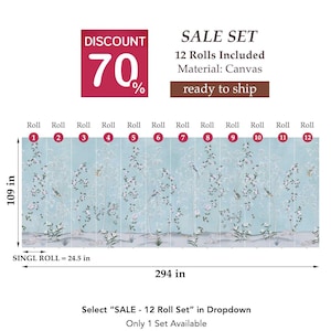 May include: A set of 12 canvas wallpaper rolls with a floral design in shades of blue, white, and green. The image shows the dimensions: 109 inches high and 294 inches wide. Each single roll is 24.5 inches wide. A discount of 70% is displayed.