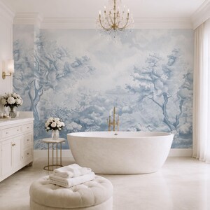 Japanese Blue Landscape Wallpaper, Mural Wallpaper for Bathroom, Tree Wallpaper Modern, Neutral Wallpaper for Powder Room