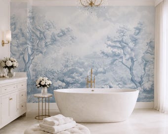Japanese Blue Landscape Wallpaper, Mural Wallpaper for Bathroom, Tree Wallpaper Modern, Neutral Wallpaper for Powder Room