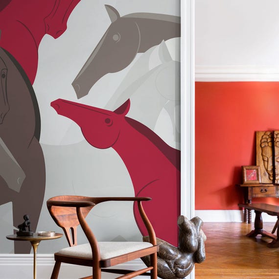 Abstract Horse Wallpaper – Modern Art Wall Mural in Red & Neutral, Statement Wall Decor, 1-124R-4