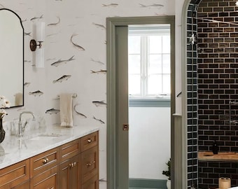 Bathroom Wallpaper with fish, White Background, Minimalist Ocean Theme, Watercolor fish wall mural