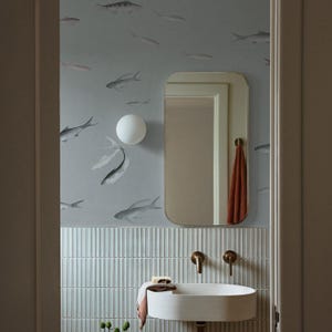 Bathroom Wallpaper with fish, Gray Blue Background, Minimalist Ocean Theme, Watercolor fish wall mural, 5-152K color 3