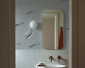 Carta da parati per bagno con pesci, sfondo grigio blu, tema minimalista dell&#39;oceano, murale con pesci acquerellati, 5-152K colori 3