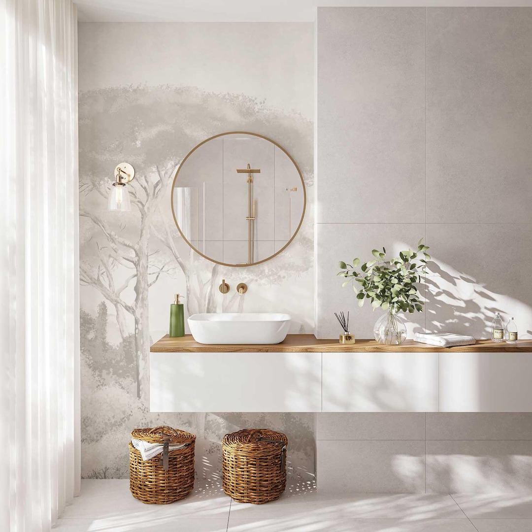 Beige Bathroom and Powder Room Wallpaper, Waterproof Wallpaper, Forest Mural Wallpaper, Tree ...