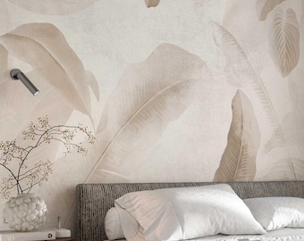 Neutral Banana Leaf Wallpaper, Beige Tropical Wall Mural for Bedroom