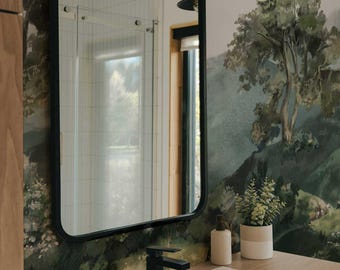 Carta da parati impermeabile verde scuro, design del paesaggio degli alberi, pittura scenica, carta da parati rimovibile o normale