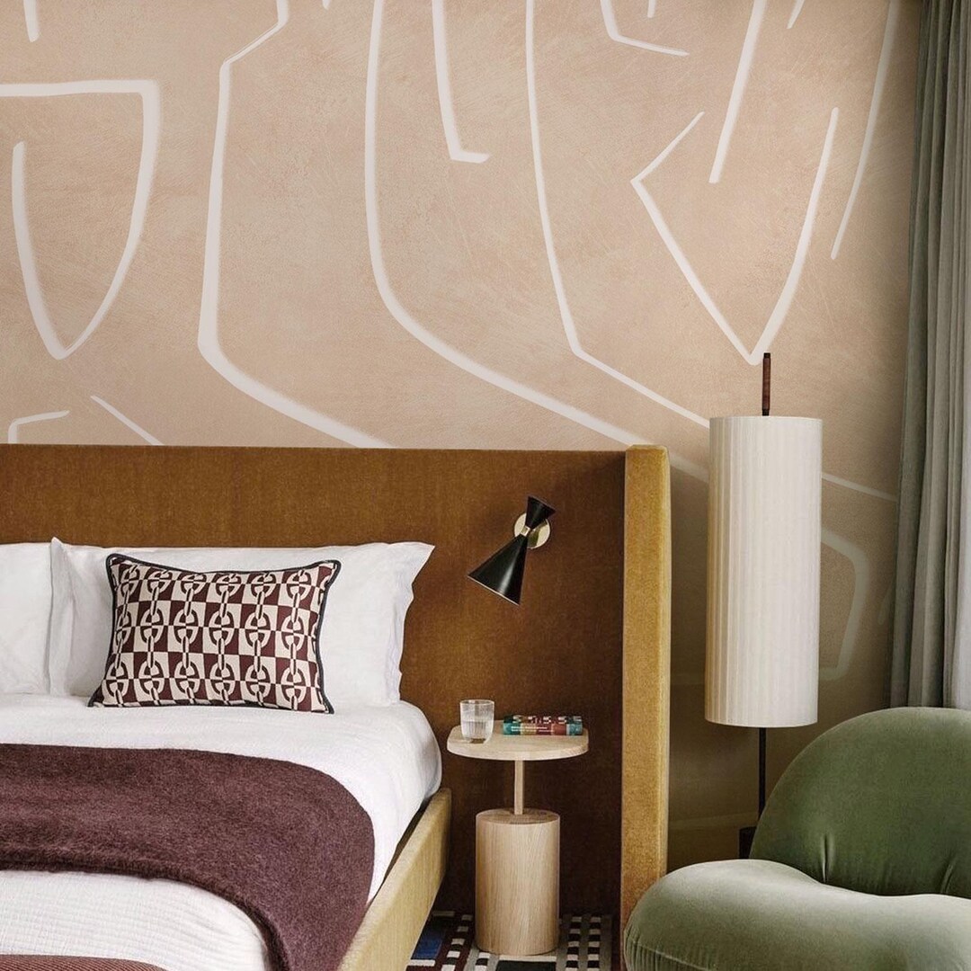 Abstract Beige Wallpaper, Line Art Wall Mural, Modern Minimalist Decor