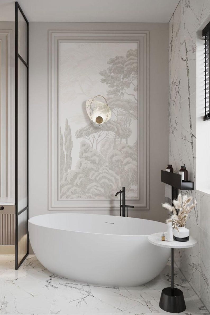 Image showcasing Luxury Bathroom Wallpaper Mural, Neutral Tree Landscape, Elegant Taupe ...