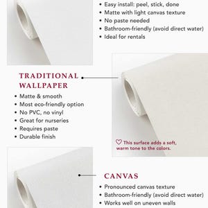 The image is a collage of three pictures, each depicting a different type of wallpapered surface: peel and stick, traditional wallpaper, and canvas.