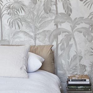 Gray beige palm wallpaper, botanical wall mural for bedroom or living room, neutral tropical wall decor, custom printed roll, 5-146 color 1