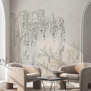 Elegante carta da parati Willow Tree – murale botanico beige e verde, 5-180