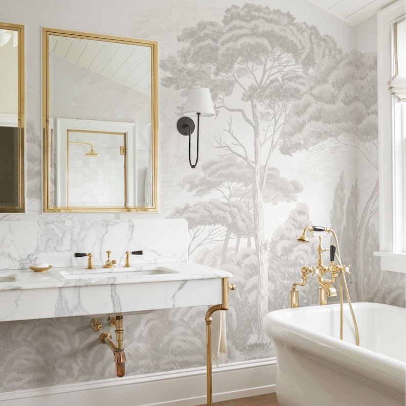 Image showcasing Luxury Bathroom Wallpaper Mural, Neutral Tree Landscape, Elegant Taupe ...