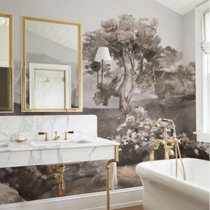 Carta da parati per bagno con alberi, sfondo beige, murale marrone con foresta e paesaggio, carta da parati impermeabile per bagno di servizio, 5-183 colore 2