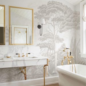 Badezimmer Tapete mit Bäumen, weißer Hintergrund, Landschaftswald graues Wandbild, wasserdichte Gästetür Tapete, 5-138 Farbe 2
