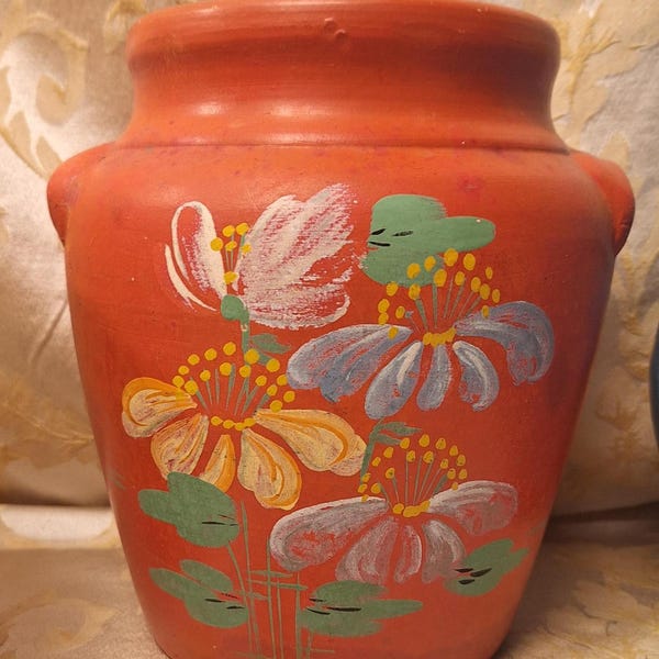 Ransburg Pottery Tall Orange Cookie Jar with handles, lid and hand painted flowers, circa 1930