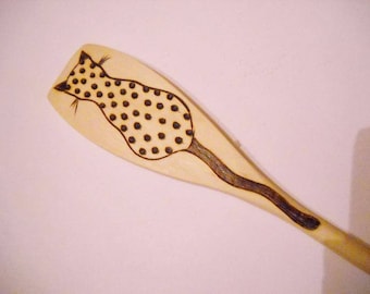Flat Wooden Spoon with a wood burned Cat Pyrography