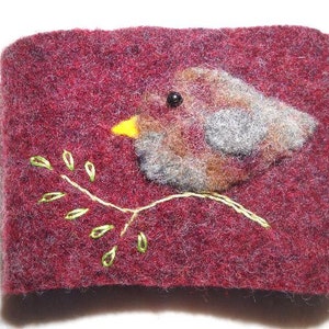 Felted Wool Coffee cozy Burgundy Bird Cup Sleeve