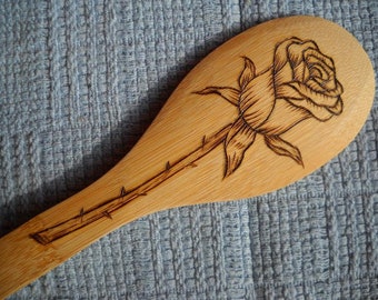 Rose Wood burned Bamboo Wooden Spoon Pyrography Rose