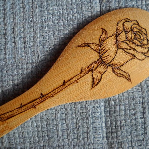 Rose Wood burned Bamboo Wooden Spoon Pyrography Rose