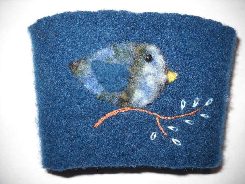 Felted Wool Blue Bird Coffee Cozy Cup Sleeve image 1