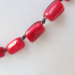 Red Coral Necklace. Hand Knotted on Brown Cord. Non Metal. Coral Beads are 1/2 inch. Waterproof. Adjusts in Size from a 22 up to 30. image 2