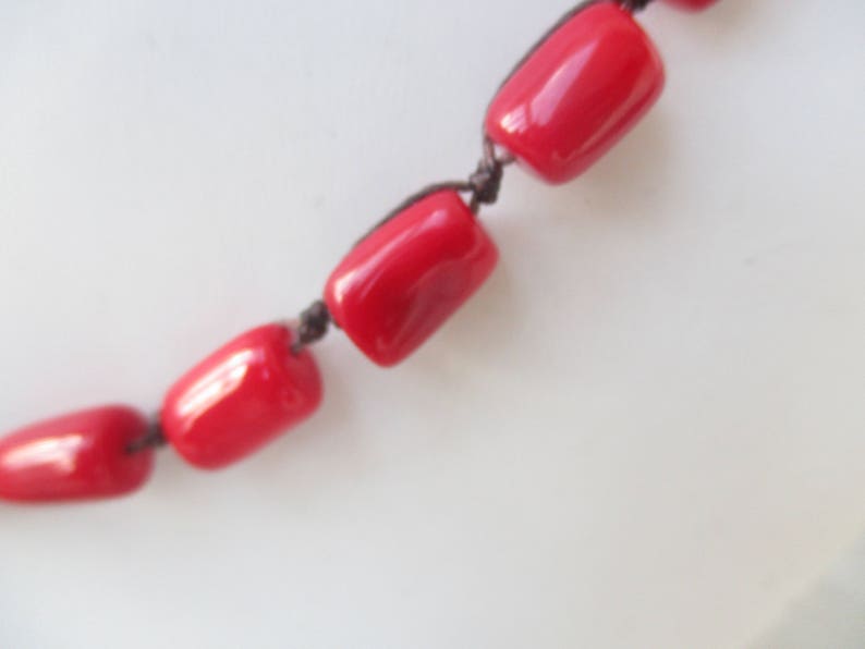 Red Coral Necklace. Hand Knotted on Brown Cord. Non Metal. Coral Beads are 1/2 inch. Waterproof. Adjusts in Size from a 22 up to 30. image 2