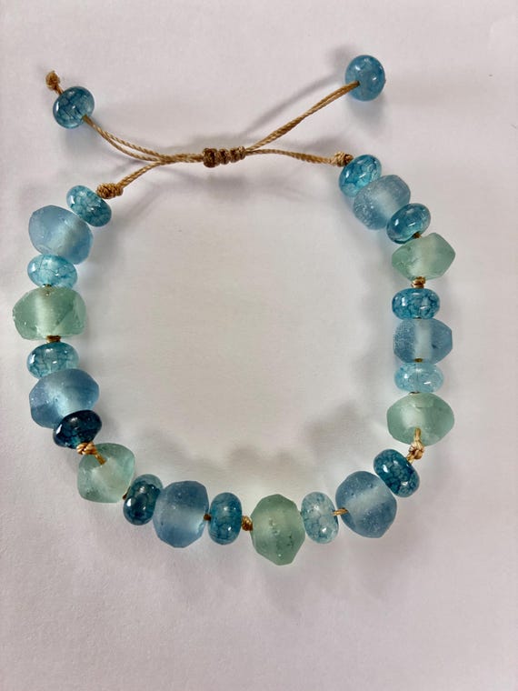Macrame Java Sea Glass Bracelet with Aqua Marine Glass Beads, Tan Cord (Waterproof)
