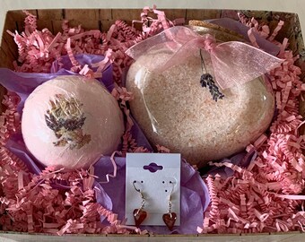 Luxury Gift Basket.Lavender Bath Salts and Bath Bomb of Rose Petals and Lavender mix. Swarovski Red Heart Crystal Earrings Silver fish wire.