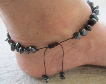 Hematite Gemstone Anklet Hand Knotted on Brown Cord Adjustable in Size and Waterproof.Semi precious gemstone small chips beads.Enlarged pic.