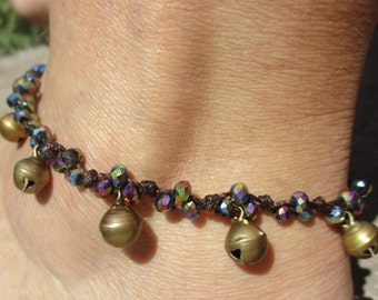 Anklet Rainbow of Czech faceted tiny beads with antiques India brass bells. Hand knotted and strung on brown cord . Waterproof and Durable.