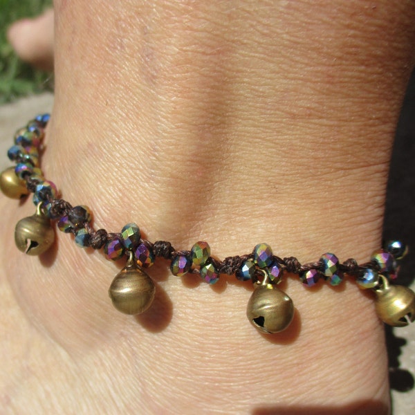Anklet Bells with Czech faceted tiny beads and  antique Indian brass bells. Hand knotted and strung on brown cord . Waterproof. Comfortable