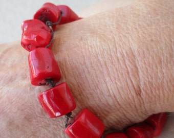 Red Coral Bamboo Bracelet Uni Sex. Hand knotted On a Brown Cord that is both Adjustable in Size and Waterproof. Non Metal Bracelet