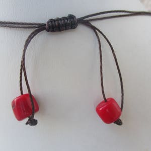 Red Coral Necklace. Hand Knotted on Brown Cord. Non Metal. Coral Beads are 1/2 inch. Waterproof. Adjusts in Size from a 22 up to 30. image 3