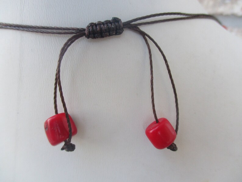 Red Coral Necklace. Hand Knotted on Brown Cord. Non Metal. Coral Beads are 1/2 inch. Waterproof. Adjusts in Size from a 22 up to 30. image 3