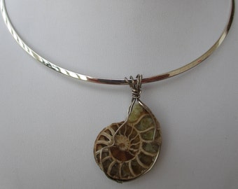 Ammonite Fossil Necklace. Sterling Silver Wire Wrapped. On Silver Plated Wire necklaces form that has a one and a half inch extender clasp.