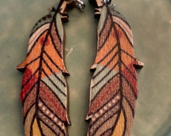 Feather Earrings.Beautiful colored and hand painted feathers of wood. Earrings measure  2” length x 1/2” width.