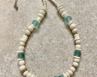Aqua Sea Glass Necklace: White Wash Wood Beads, Gold Plated Chain