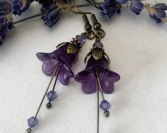 Purple Flower Earrings. Swarovski Genuine purple crystals with Antique Brass Ear Wires and Components. Deep Purple Lucite flower petals.