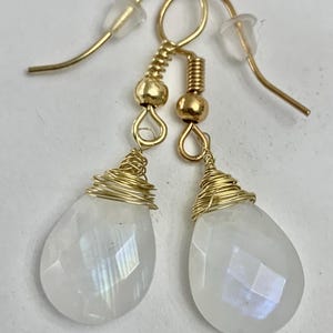 Moonstone Teardrop Earrings: 24K Gold Wire Wrapped Dangle