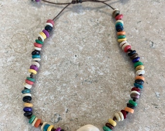 Anklet Cowrie Shell and Multi Colored Bone Beads. Hand Knotted on Brown Cord. Adjust size 6.5”-12”. Non metal. Waterproof. Comfortable.