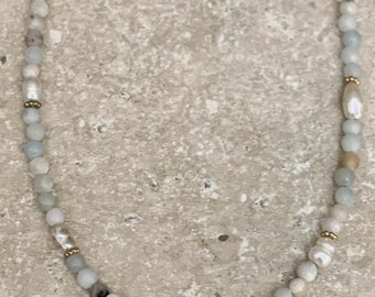 Amazonite Gemstone Necklace. Faceted Amazonite 4mm beads with fresh water pearls and gold spacers. Necklace is 16.5” 1” extension chain.
